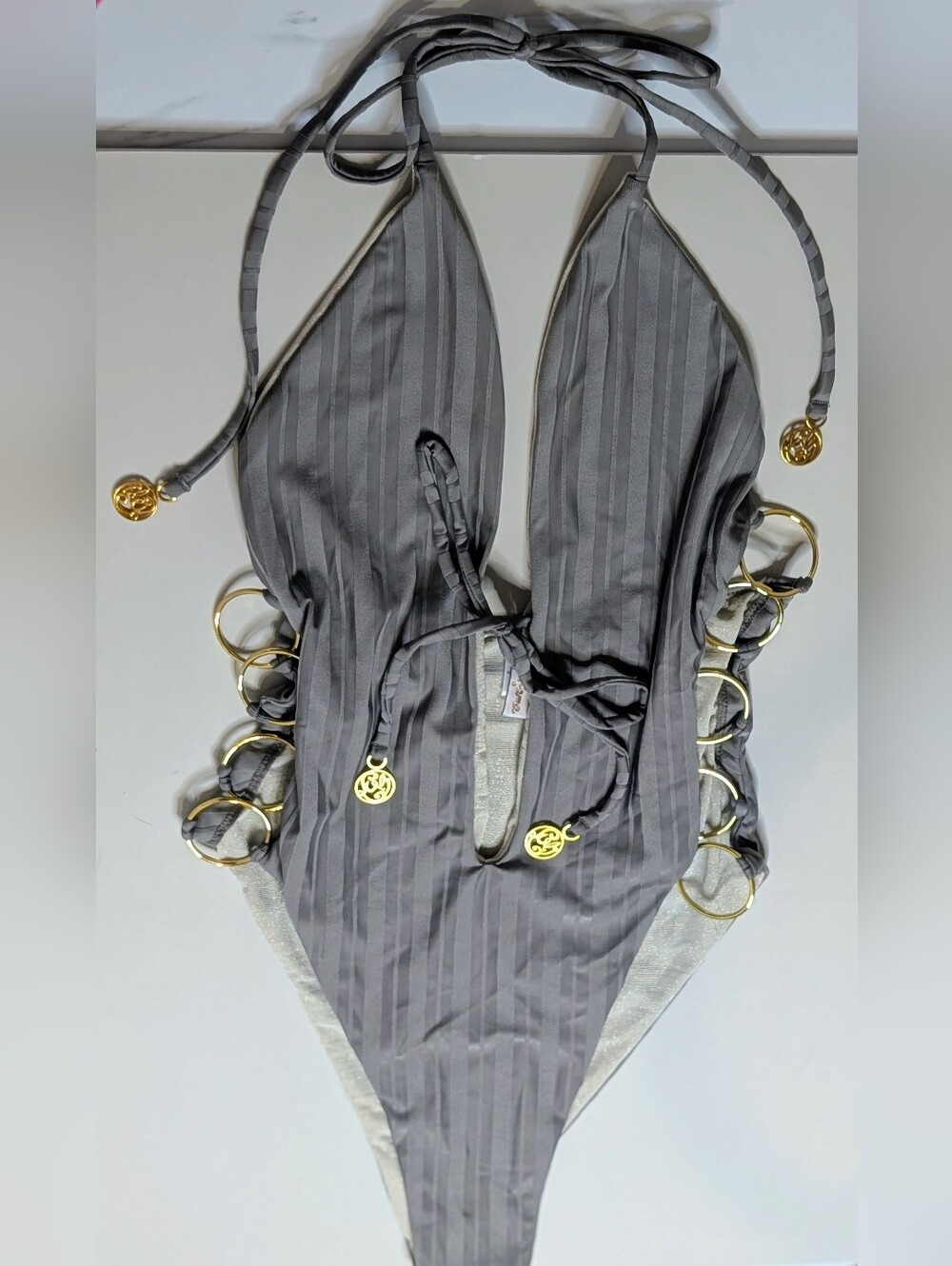 Luli Fama Gray One-Piece Swimsuit with Gold Rings